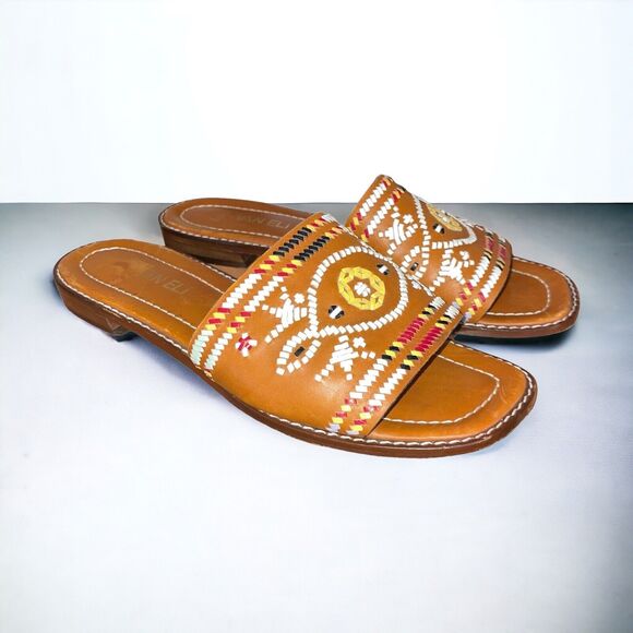 Van Eli 8.5 Brown Leather Woven Embroidered Slides Sandals - Picture 1 of 7